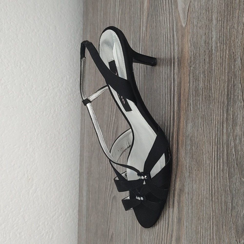 NINA Leather Soles Black Satin Strappy Heels Sandals Shiny Studs  7.5 Heel 2.5" - Picture 6 of 14